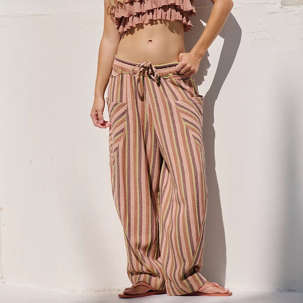 NWT Free People Freehold Cropped Striped Pants In Citron Combo